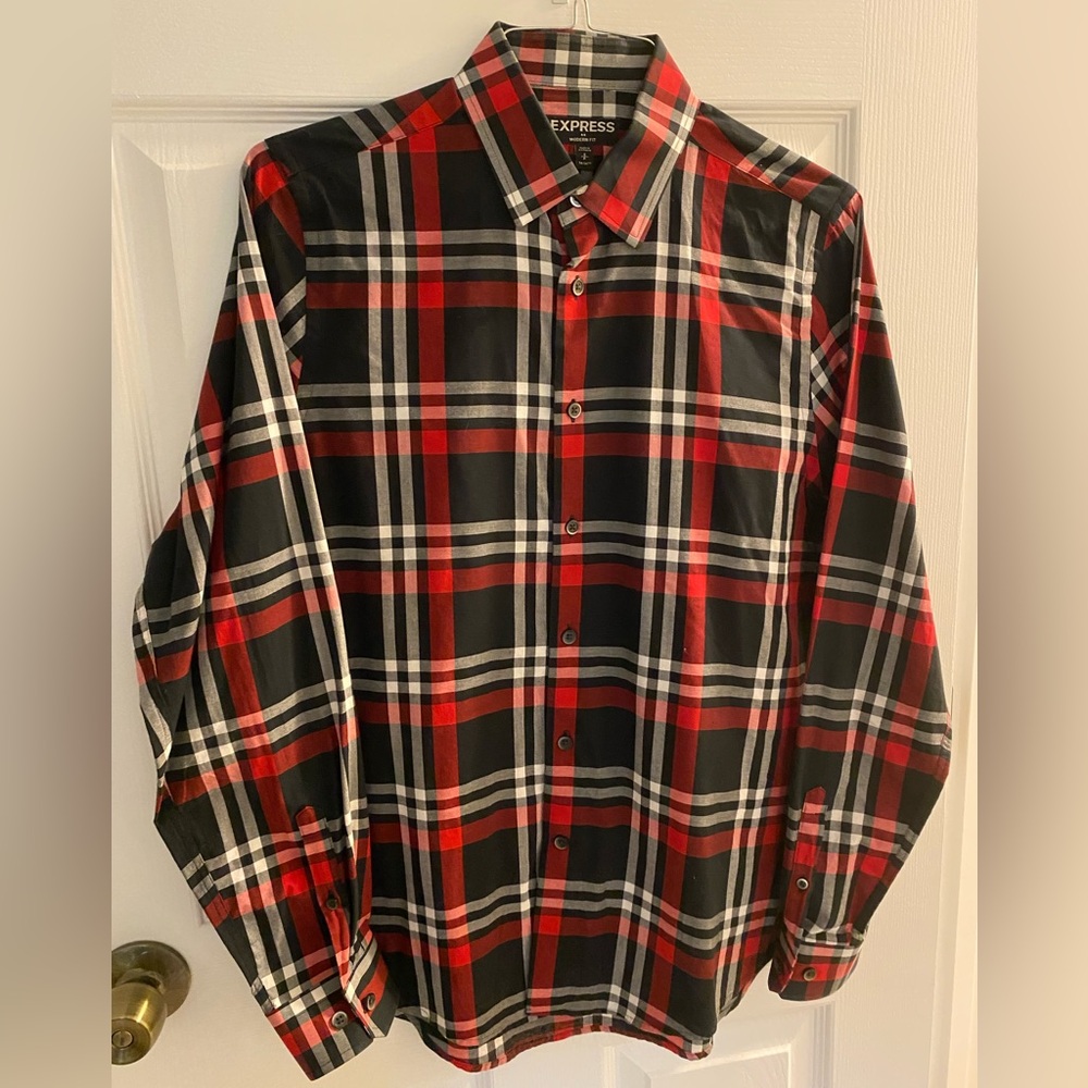 Express Men’s L/S Button Down, Size S, Black/Red/White Plaid
